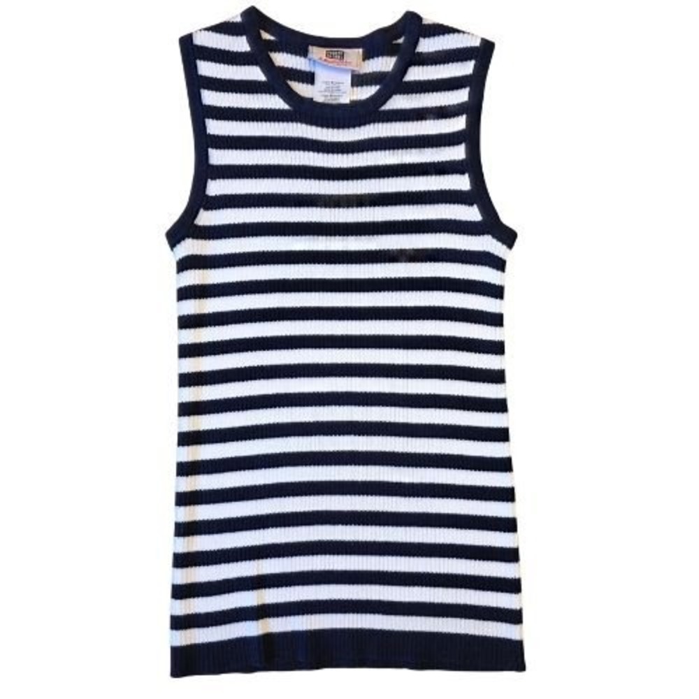 Nautical Ribbed Knit M Tank Top Navy Blue White Striped Coastal Stretch‎ Preppy